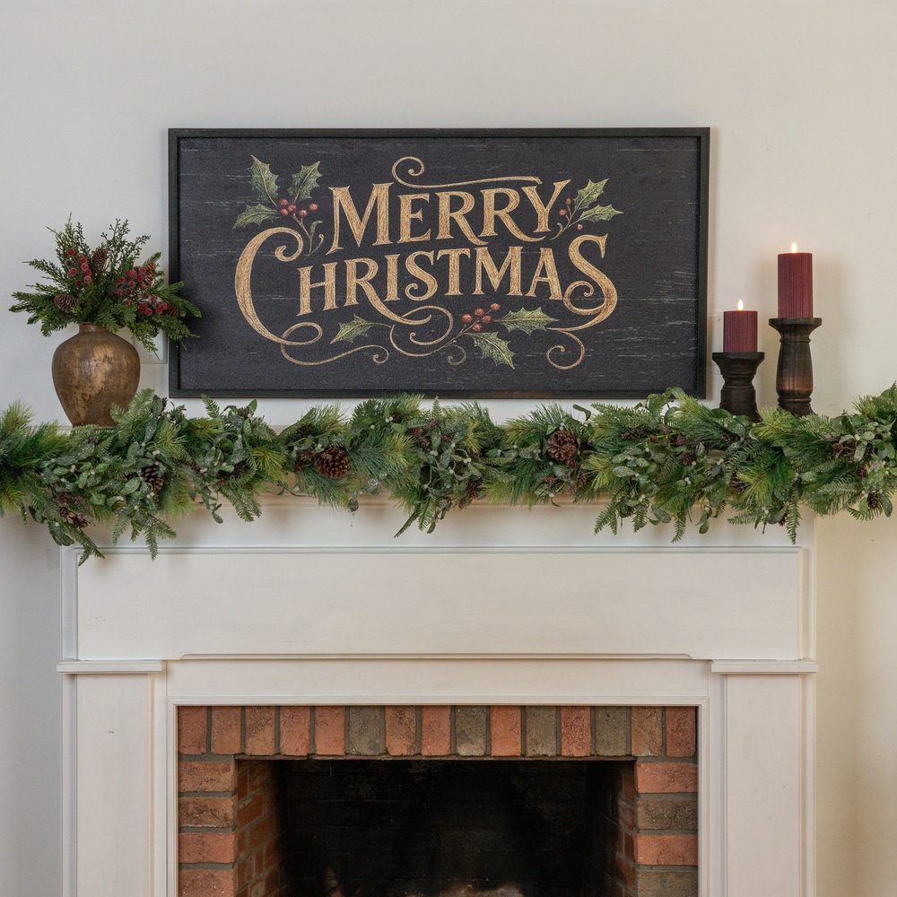 Black and gold Merry Christmas sign above a white mantel dressed in pine garland